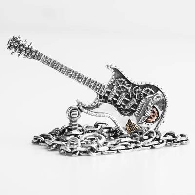 Vue complète Pendentif Guitare Rock en Argent 925 Véritable