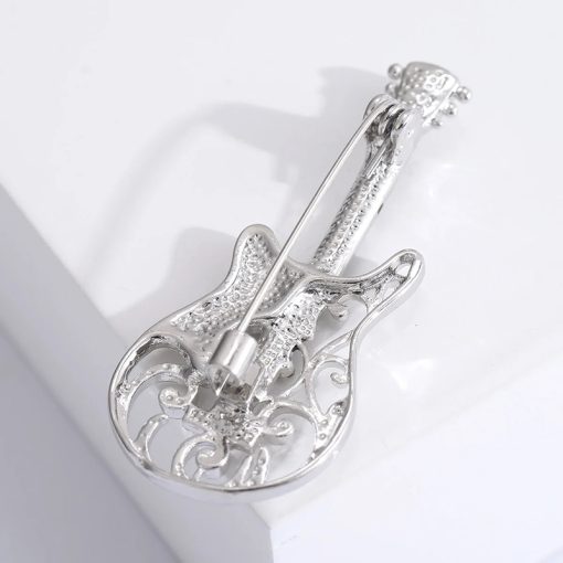 Broche Guitare Électrique Design Creux à motif Notes de Musique et Strass couleur Argent