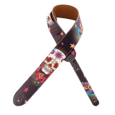 Détails complets de la Sangle de guitare motif Santa Muerte en cuir PU imprimé