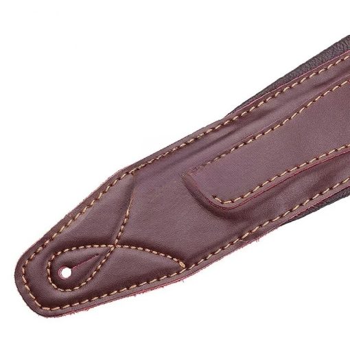 Détails de la Sangle Guitare en Cuir Vintage Marron avec Surpiqûres Rouges