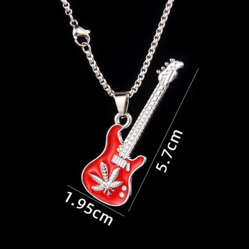 Dimenions Pendentif Guitare Rock Rouge avec Feuille de Cannabis