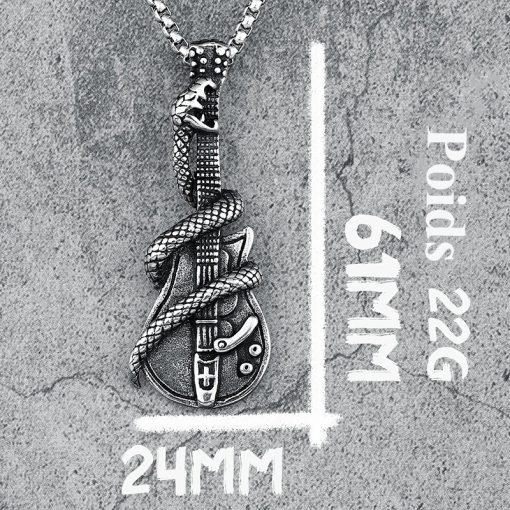 Dimension du Pendentif Guitare Heavy Metal Rock avec Guitare Enveloppée par un Serpent