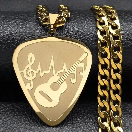 Pendentif Médiator Guitare et Notes de Musique couleur or