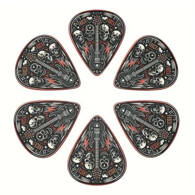 Lot de 6 Médiators Tête de Mort Hard Rock - 3 tailles avec Porte Médiators inclu