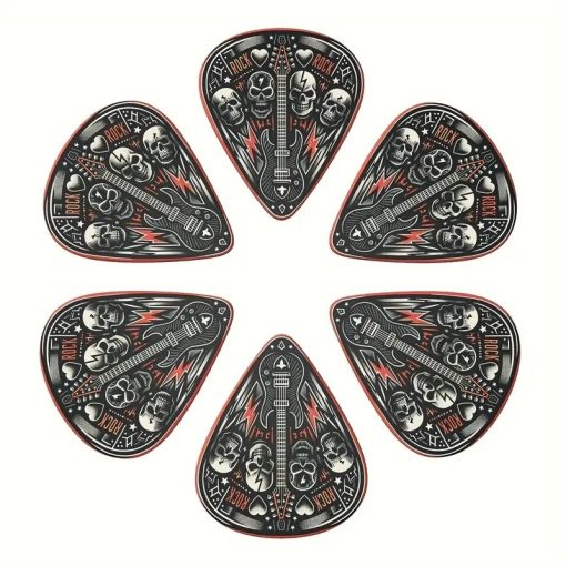 Lot de 6 Médiators Tête de Mort Hard Rock - 3 tailles avec Porte Médiators inclu