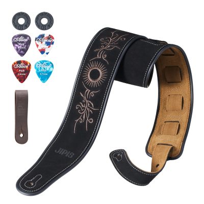 Magnifique Sangle de guitare en cuir de Daim Broderie Soleil