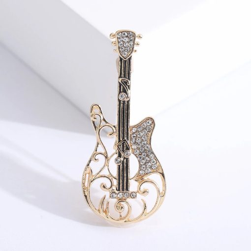 Broche Guitare Électrique Design Creux à motif Notes de Musique et Strass couleur Or