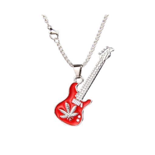 Pendentif Guitare Rock Rouge avec Feuille de Cannabis