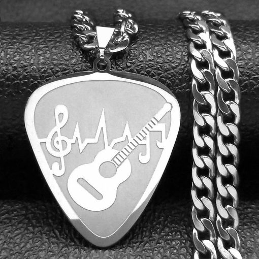 Pendentif Médiator Guitare et Notes de Musique couleur argent