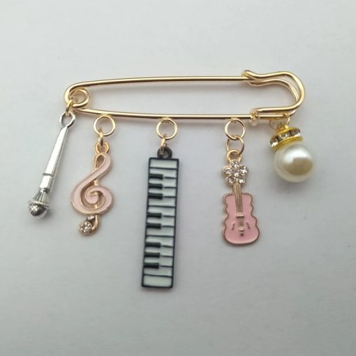 Broche Émaillée Guitare, Clavier, note de musique, micro et perle - 3 couleurs - couleur Rose