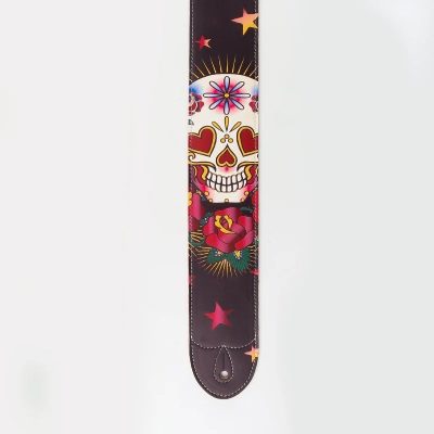 Vue détaillée de la Sangle de guitare motif Santa Muerte en cuir PU imprimé