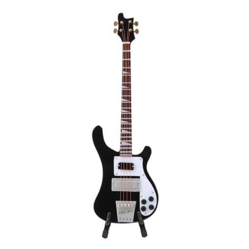 Vue face Guitare Miniature Basse électrique avec support guitare couleur noir