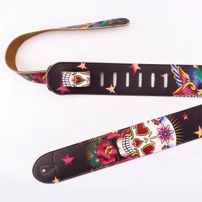 Vue complète de la Sangle de guitare motif Santa Muerte en cuir PU imprimé