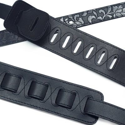Détails de la Sangle de guitare en cuir PU Baroque Noir 'Élégance Florale'