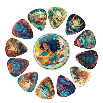 Détails du Lot de 12 Médiators Dragons Mystiques avec Boîte de rangement en métal