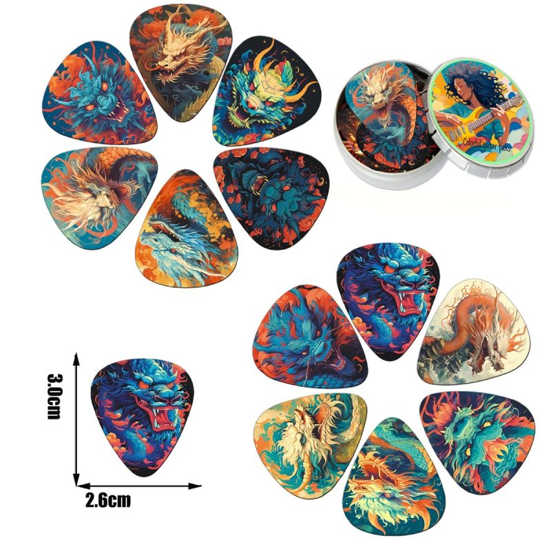 Dimensions du Lot de 12 Médiators Dragons Mystiques avec Boîte de rangement en métal