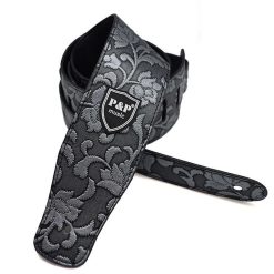 Sangle de guitare en cuir PU Baroque Noir 'Élégance Florale'