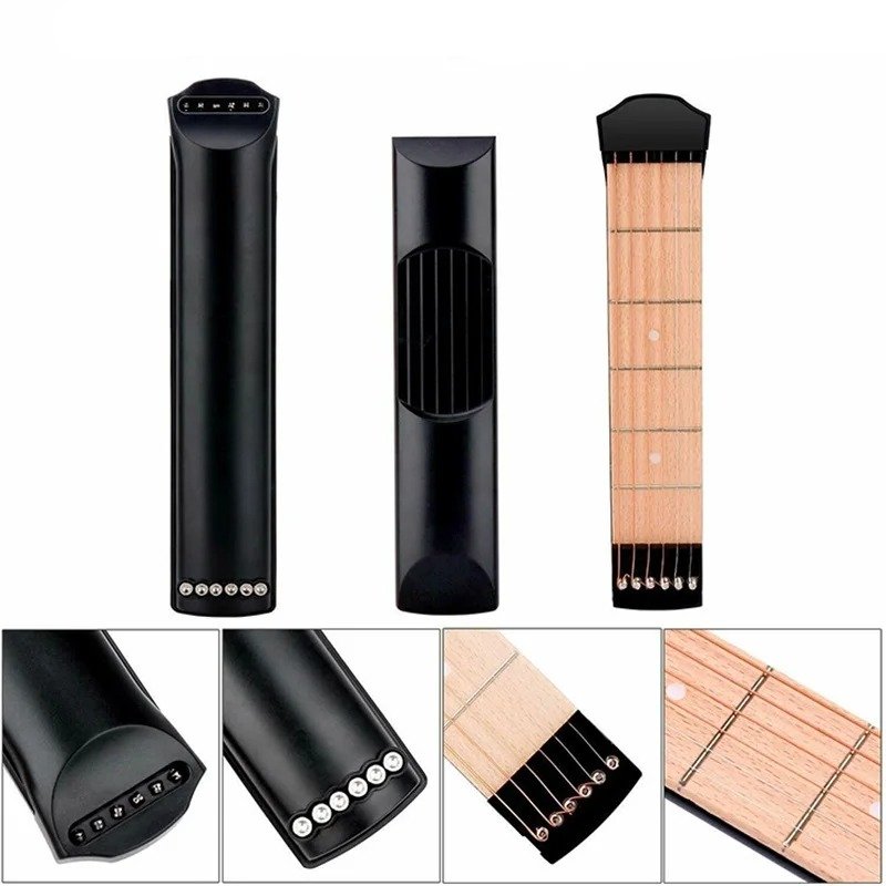 Détails compelts du Mini manche de guitare d'entraînement – 6 frettes, portable, silencieux