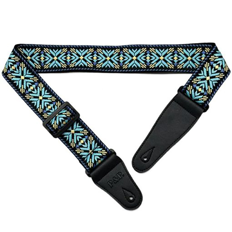 Vue générale Sangle Guitare AcoustiqueTissé Jacquard 'Fleur de Lys Bleue'