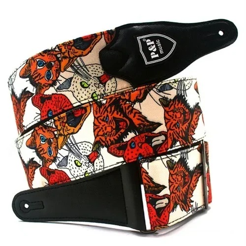 Sangle Guitare Classique en Cuir et Coton Brodé – Motif Chats Sauvages
