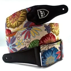 Sangle Guitare Classique en Cuir et Coton brodé Motif Floral Explosion Bohème
