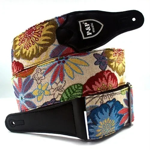 Sangle Guitare Classique en Cuir et Coton brodé Motif Floral Explosion Bohème