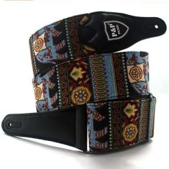 Sangle Guitare Classique en Cuir et Coton brodé Motif Oriental Kilim Bleu