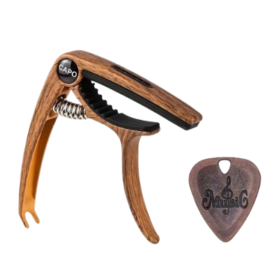 Capodastre Guitare Universel avec Extracteur et Médiator Gravé - Modèle Grip Précis Couleur wood