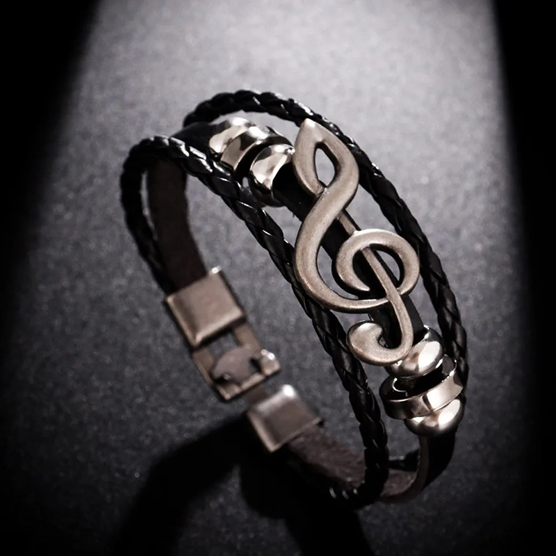 Bracelet Clé de Sol Rock Écho Musical - Couleur Noir