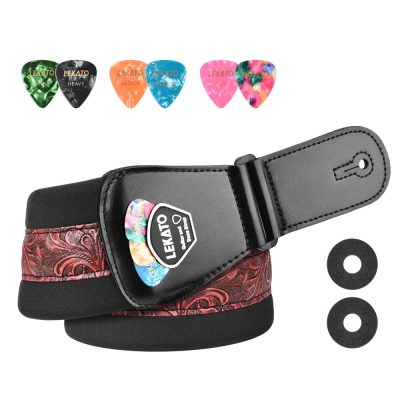 Détails de la Sangle Guitare Confort Rembourrée avec Porte-Médiators - Modèle Baroque Rouge Royal