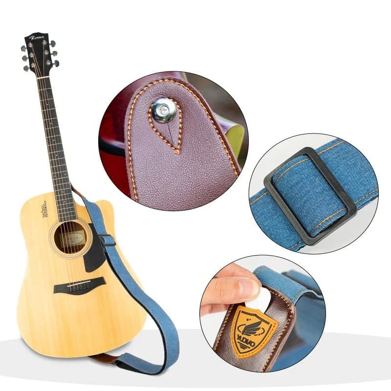 Détails de la Sangle de Guitare Acoustique Denim Bleu Foncé