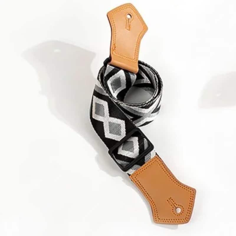 Détails de la Sangle de Guitare Vintage Diamant Noir et Argent