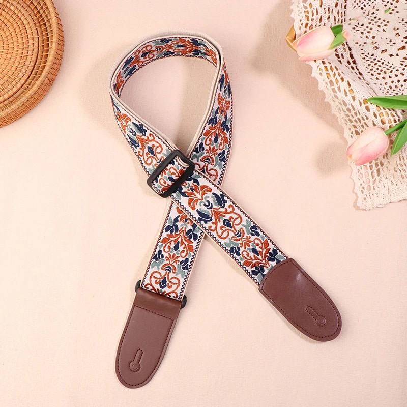 Sangle de Guitare Vintage Arabesques Bleu et Ocre