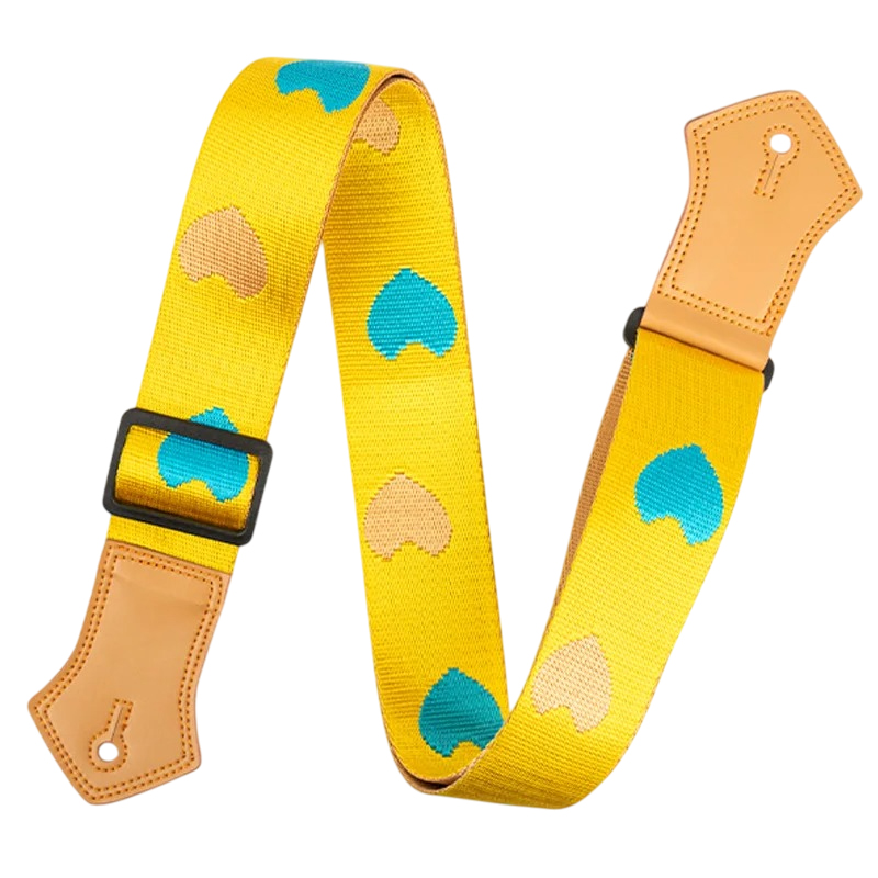 Sangle de Guitare Vintage Cœurs Bleus & Sable sur Jaune