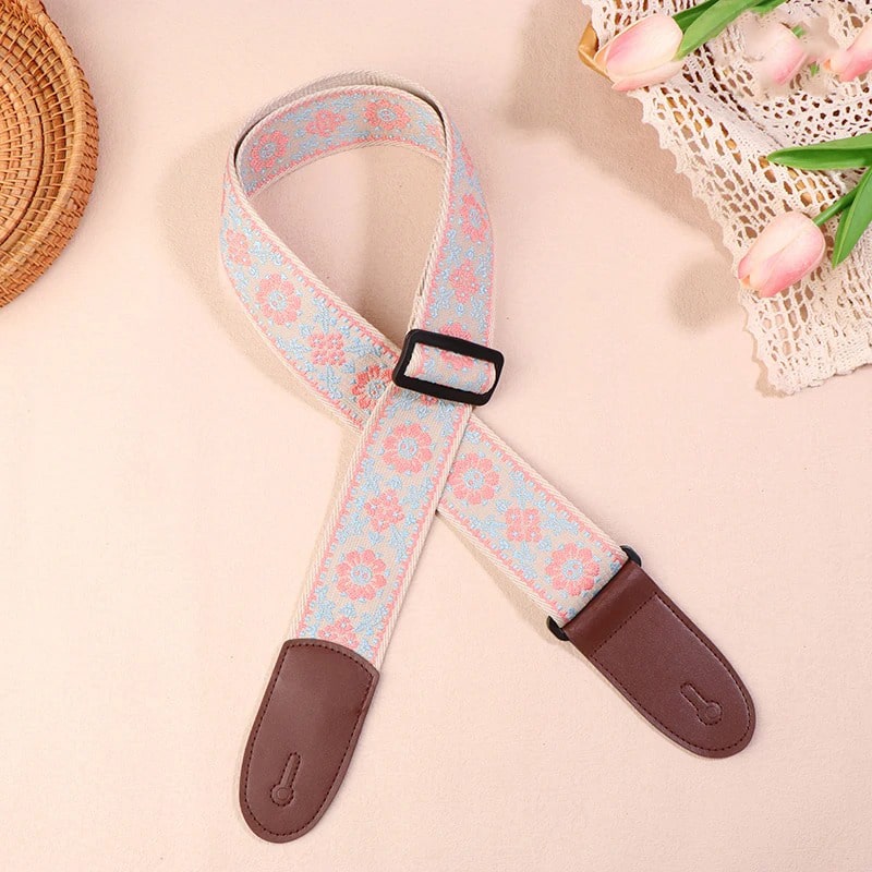 Sangle de Guitare Vintage Fleurs Pastel Bleu et Rose