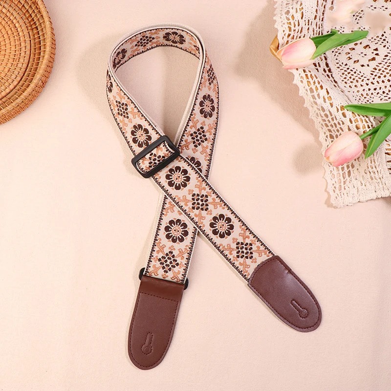 Sangle de Guitare Vintage Fleurs Rétro Café et Crème
