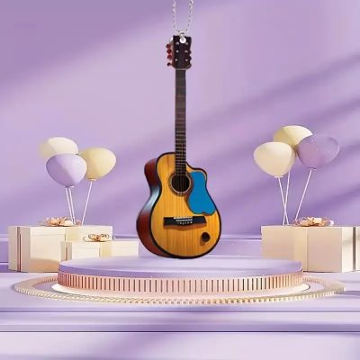 Avant Porte-Clé Guitare Acoustique - Modèle Vintage Bois & Pick Bleu (8 cm)