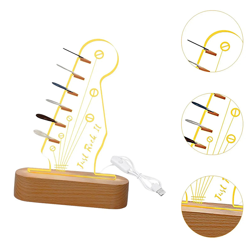 Details Veilleuse LED Guitare Just Rock It - Support Lumineux pour Médiators avec Socle Bois