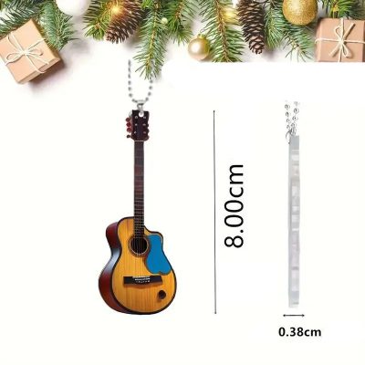 Dimensions Porte-Clé Guitare Acoustique - Modèle Vintage Bois & Pick Bleu (8 cm)