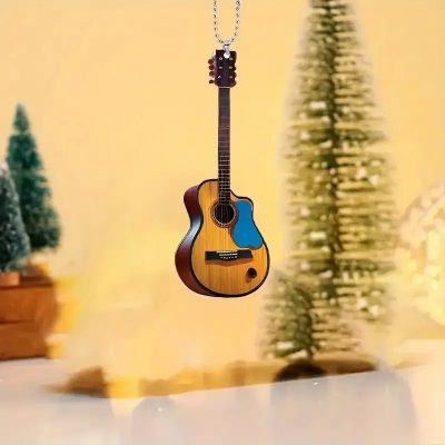 Porte-Clé Guitare Acoustique Modèle Vintage Bois & Pick Bleu (8 cm)