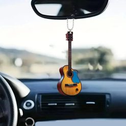 Porte-Clé Guitare Acoustique - Modèle Vintage Bois & Pick Bleu (8 cm)