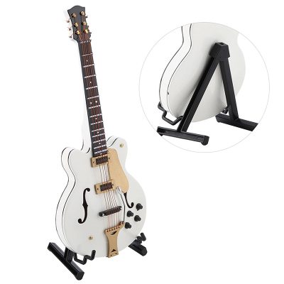 Details Mini Guitare Électrique Hollow Blanche Modèle Collector avec Finitions Or et Support
