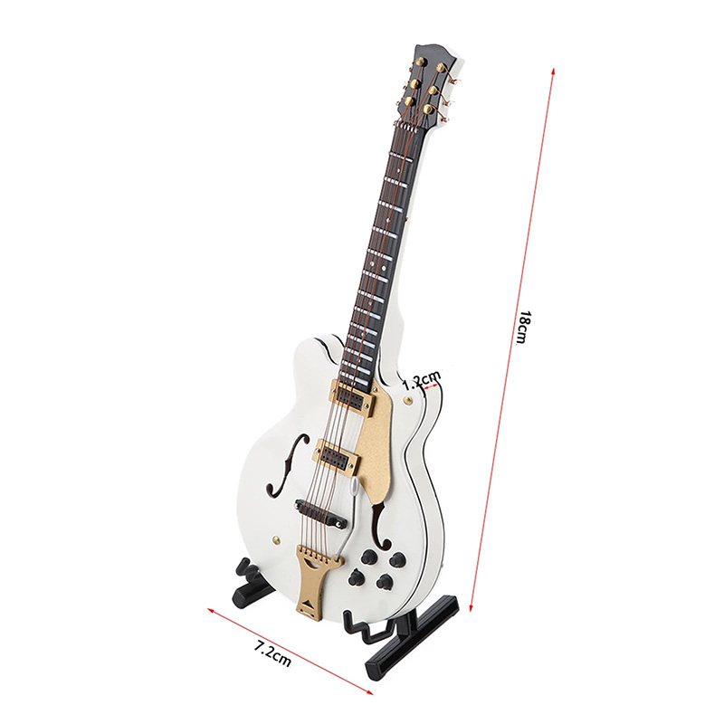 Dimensions Mini Guitare Électrique Hollow Blanche Modèle Collector avec Finitions Or et Support
