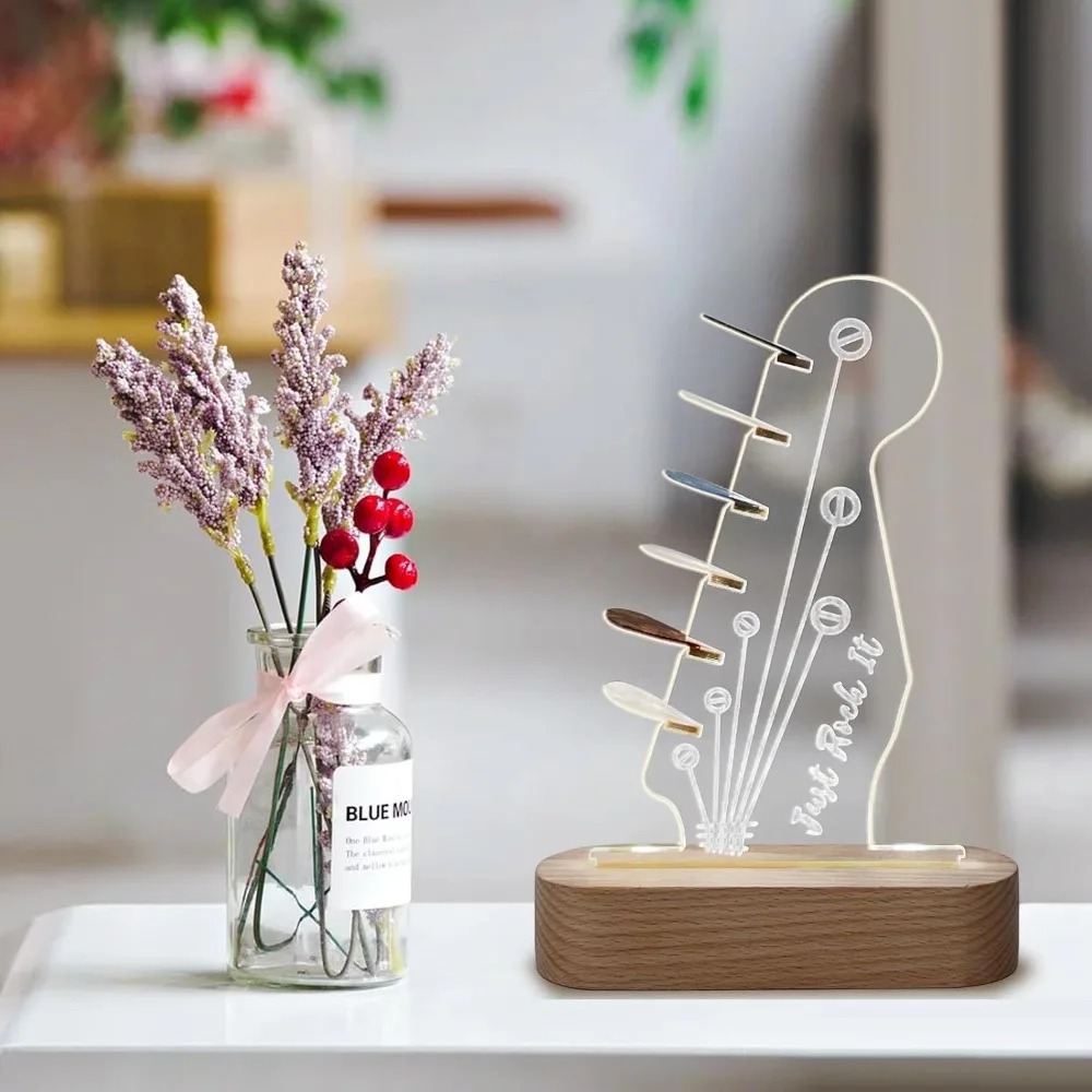 Magnifique Veilleuse LED Guitare Just Rock It Support Lumineux pour Médiators avec Socle Bois
