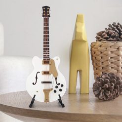 Mini - Guitare Électrique Hollow Blanche Modèle Collector avec Finitions Or et Support