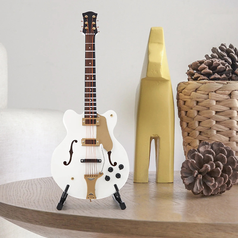 Mini - Guitare Électrique Hollow Blanche Modèle Collector avec Finitions Or et Support