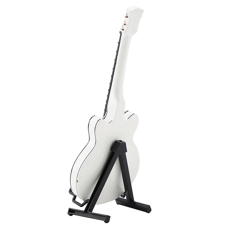 Vue Arrière Mini Guitare Électrique Hollow Blanche Modèle Collector avec Finitions Or et Support