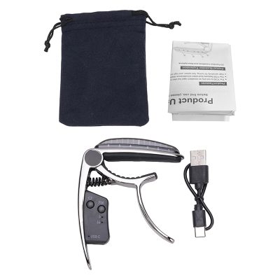 Capodastre Guitare Intelligent 2-en-1 avec Accordeur LED Rechargeable USB-C Couleur argent
