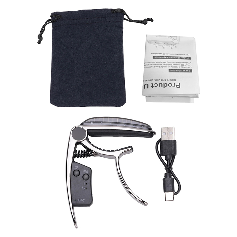 Capodastre Guitare Intelligent 2-en-1 avec Accordeur LED Rechargeable USB-C Couleur argent