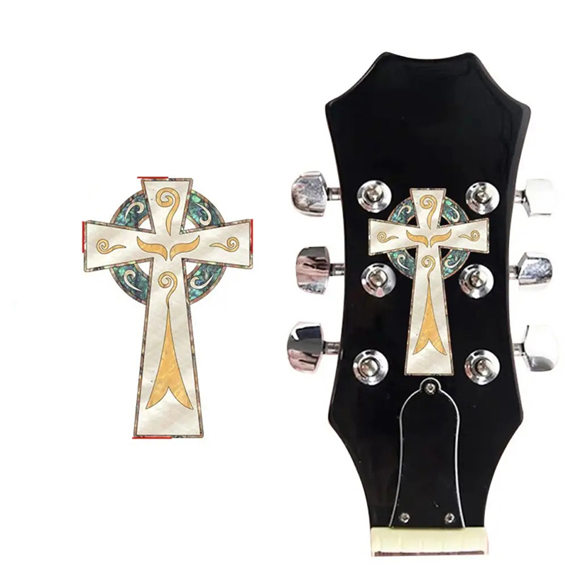Autocollant de Tête de Guitare Croix Céleste - Motif Nacré Doré 47×73 mm